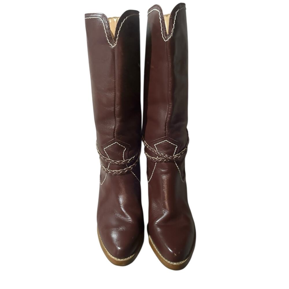 Vtg 1970s 80s Zodiac Ladies Red Leather Heeled Braided Accent Western Boots 6.5 - Picture 4 of 9